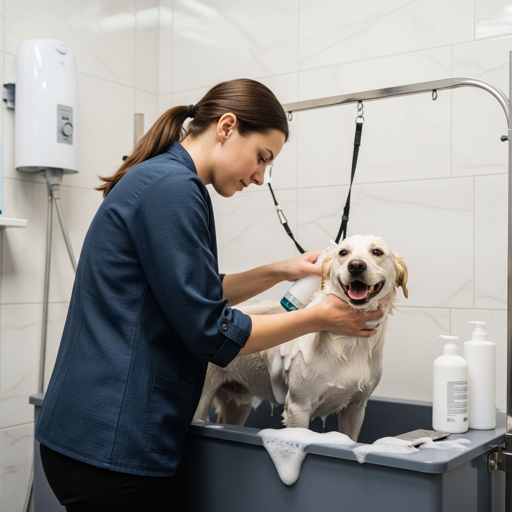dog bathing in a tub